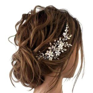 Bride Wedding Hair Comb Pearl Flower Hair Piece Rhinestone Silver Headpiece